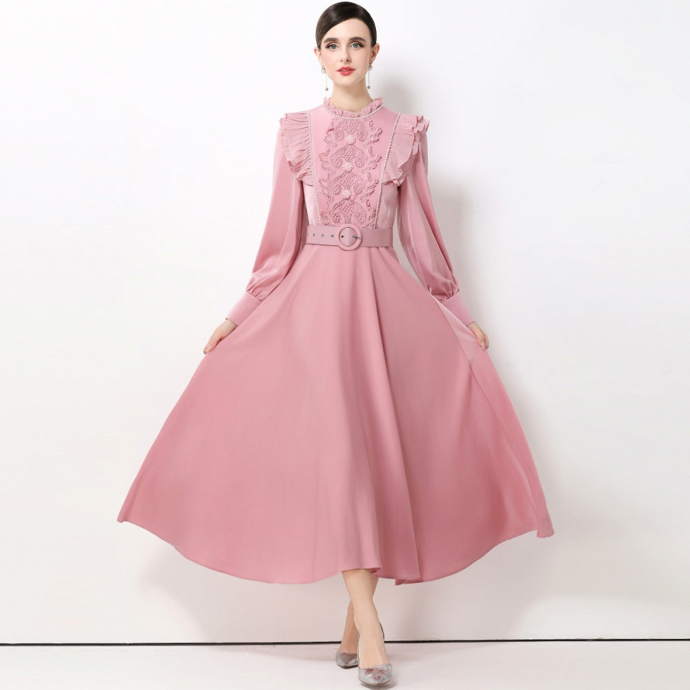 CM-DY061928 Women Elegant European Style Stand Collar Long Sleeve High Waist A-Line Maxi Dress - Pink