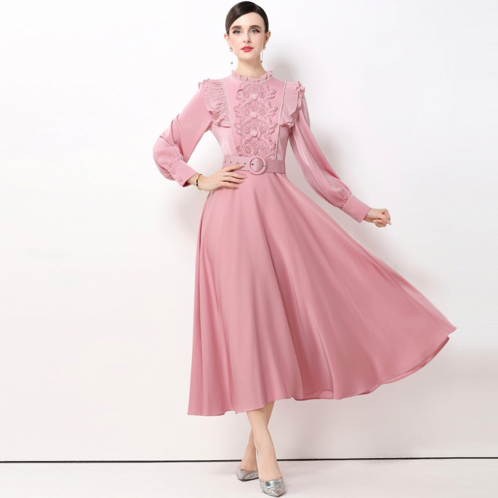 CM-DY061928 Women Elegant European Style Stand Collar Long Sleeve High Waist A-Line Maxi Dress - Pink