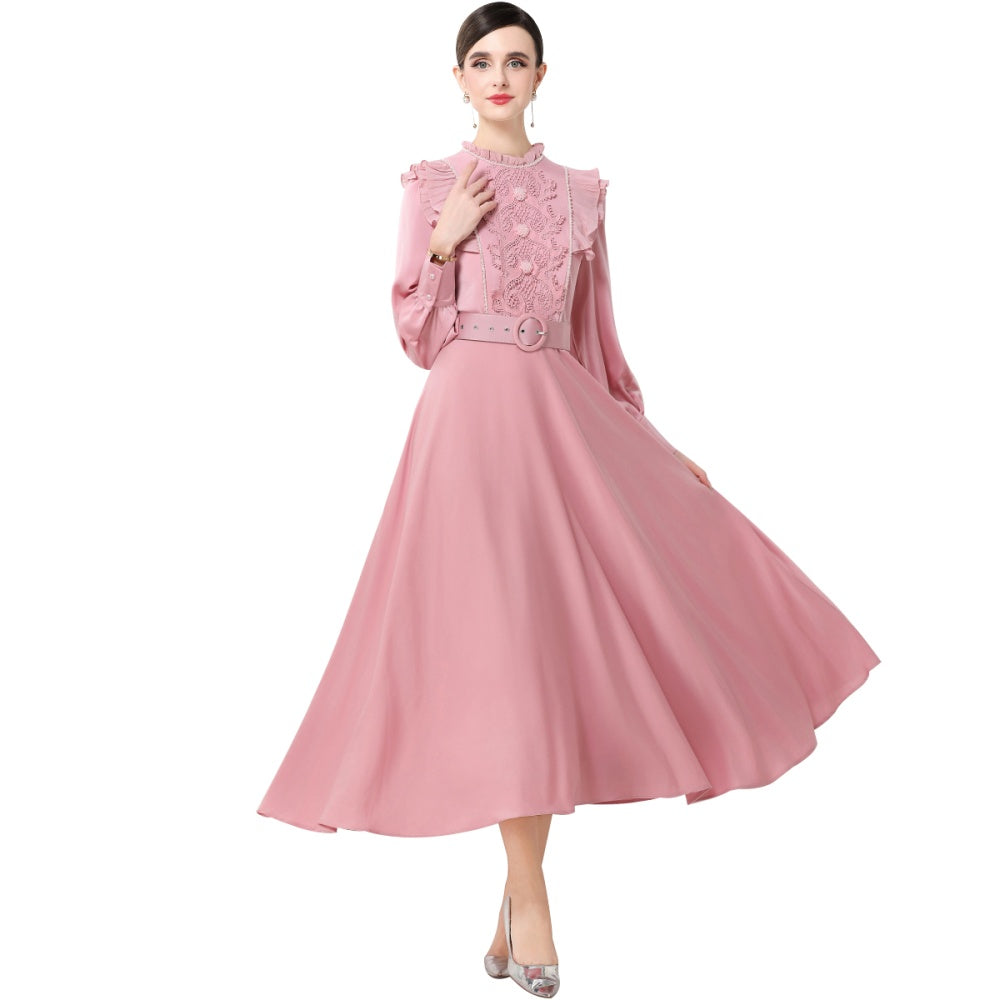 CM-DY061928 Women Elegant European Style Stand Collar Long Sleeve High Waist A-Line Maxi Dress - Pink