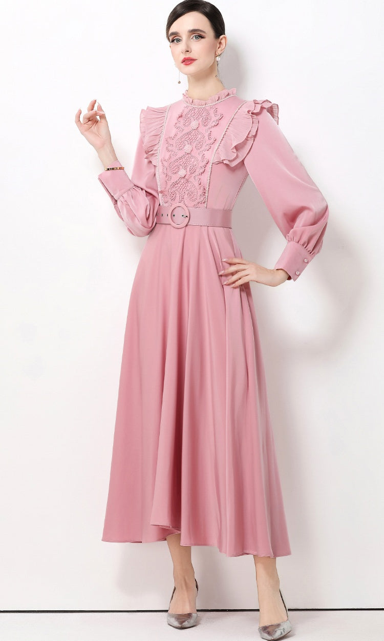 CM-DY061928 Women Elegant European Style Stand Collar Long Sleeve High Waist A-Line Maxi Dress - Pink