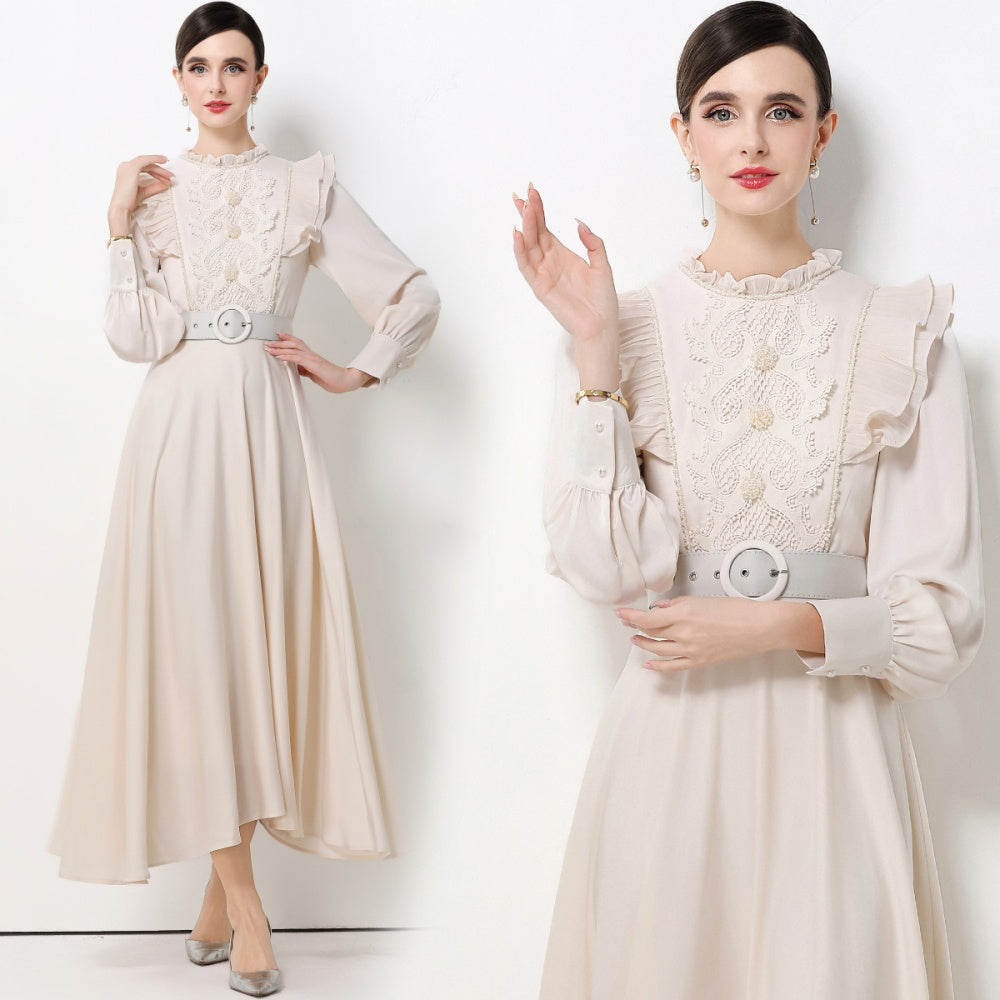 CM-DY061929 Women Elegant European Style Stand Collar Long Sleeve High Waist A-Line Maxi Dress - Apricot