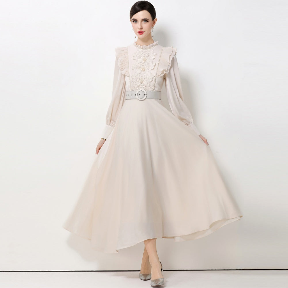 CM-DY061929 Women Elegant European Style Stand Collar Long Sleeve High Waist A-Line Maxi Dress - Apricot