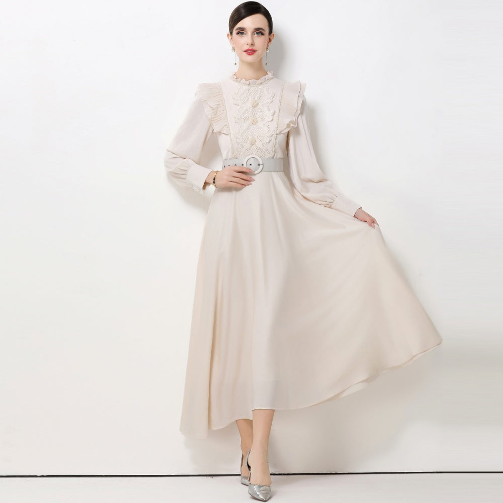 CM-DY061929 Women Elegant European Style Stand Collar Long Sleeve High Waist A-Line Maxi Dress - Apricot