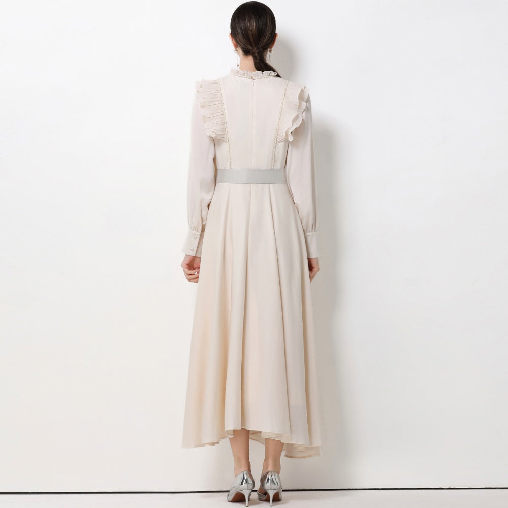 CM-DY061929 Women Elegant European Style Stand Collar Long Sleeve High Waist A-Line Maxi Dress - Apricot