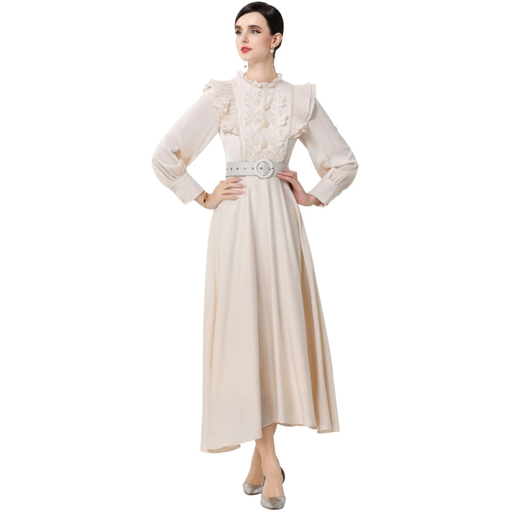 CM-DY061929 Women Elegant European Style Stand Collar Long Sleeve High Waist A-Line Maxi Dress - Apricot