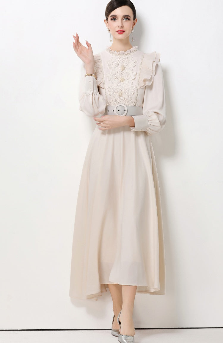 CM-DY061929 Women Elegant European Style Stand Collar Long Sleeve High Waist A-Line Maxi Dress - Apricot