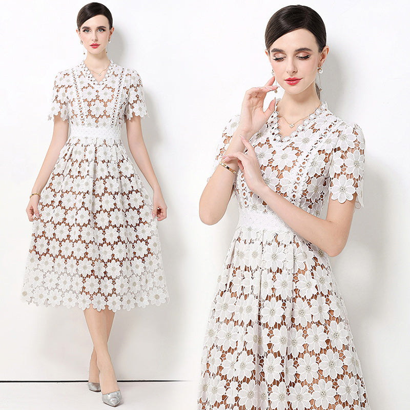 CM-DY062179 Women Elegant European Style Hollow Out Lace V-Neck Short Sleeve Mid-Length A-Line Dress - White