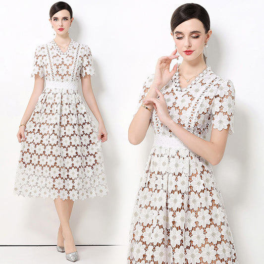 CM-DY062179 Women Elegant European Style Hollow Out Lace V-Neck Short Sleeve Mid-Length A-Line Dress - White