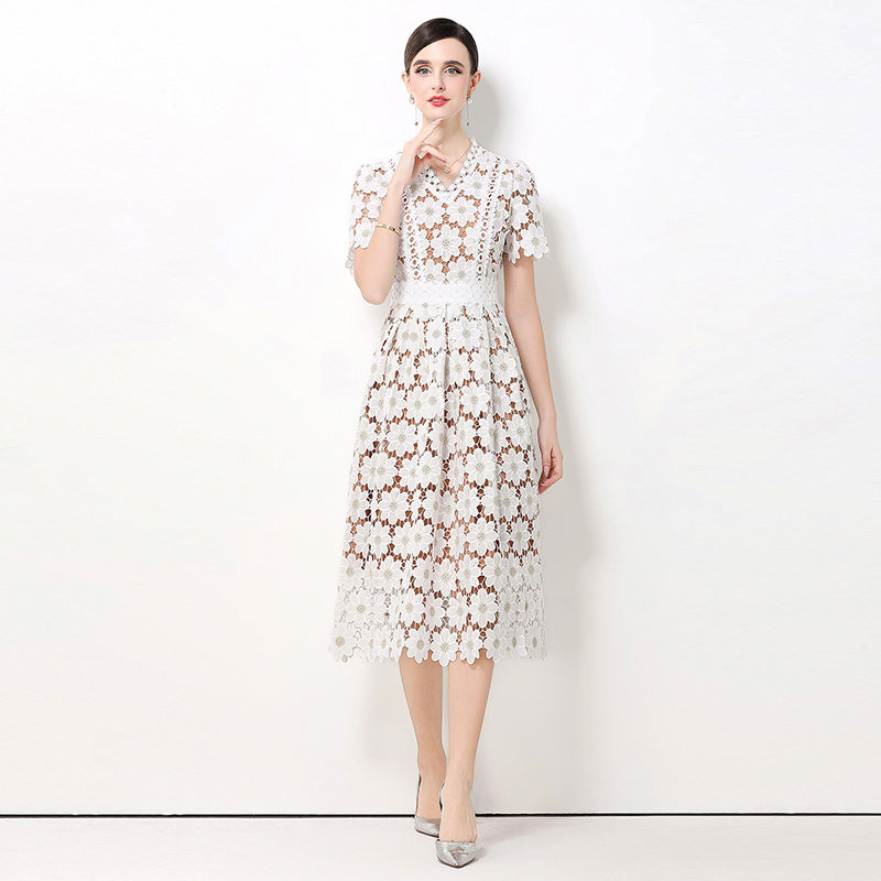 CM-DY062179 Women Elegant European Style Hollow Out Lace V-Neck Short Sleeve Mid-Length A-Line Dress - White