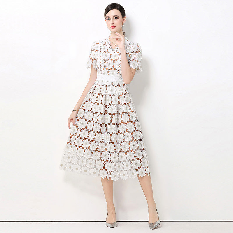 CM-DY062179 Women Elegant European Style Hollow Out Lace V-Neck Short Sleeve Mid-Length A-Line Dress - White