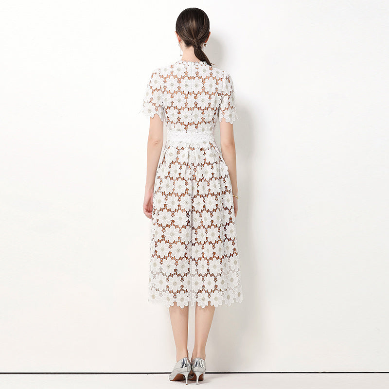 CM-DY062179 Women Elegant European Style Hollow Out Lace V-Neck Short Sleeve Mid-Length A-Line Dress - White