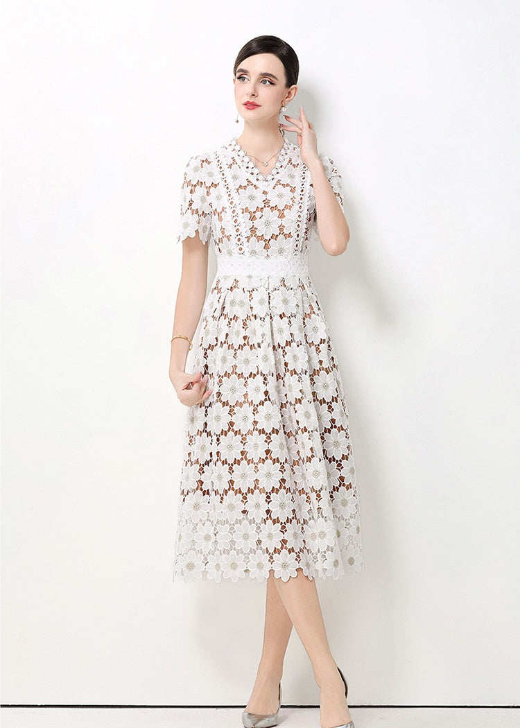 CM-DY062179 Women Elegant European Style Hollow Out Lace V-Neck Short Sleeve Mid-Length A-Line Dress - White