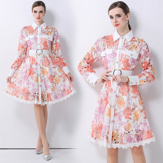 CM-DY062529 Women Elegant European Style Hollow Out Embroidered Collar Neckline Long Sleeve Mid-Length Dress