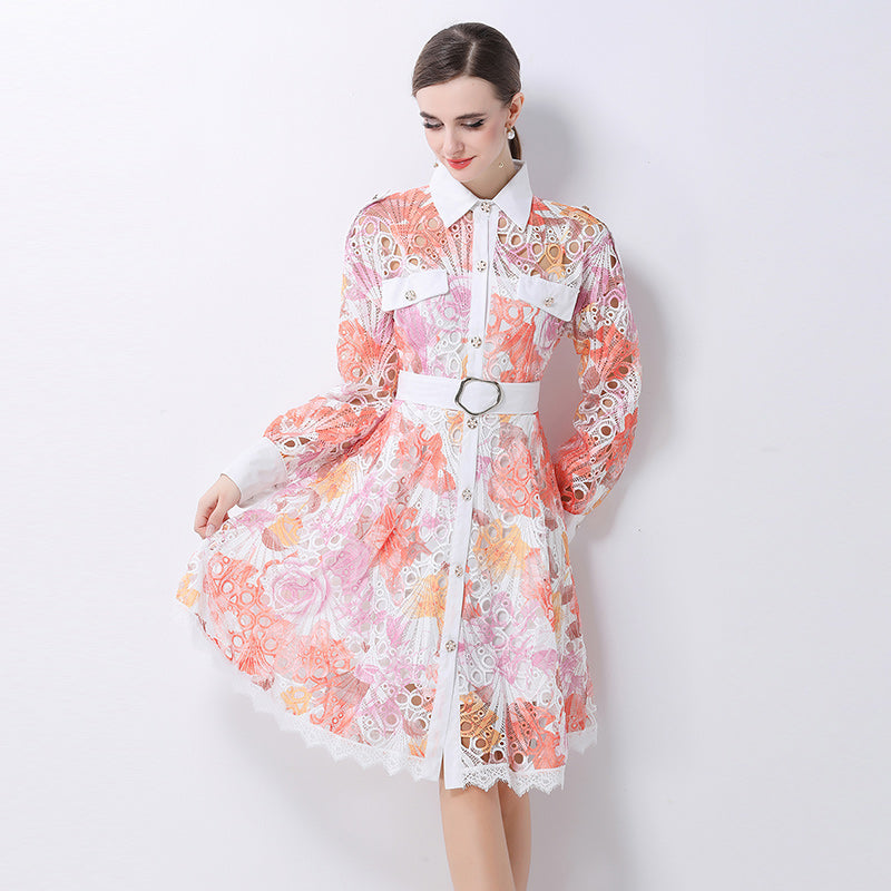 CM-DY062529 Women Elegant European Style Hollow Out Embroidered Collar Neckline Long Sleeve Mid-Length Dress