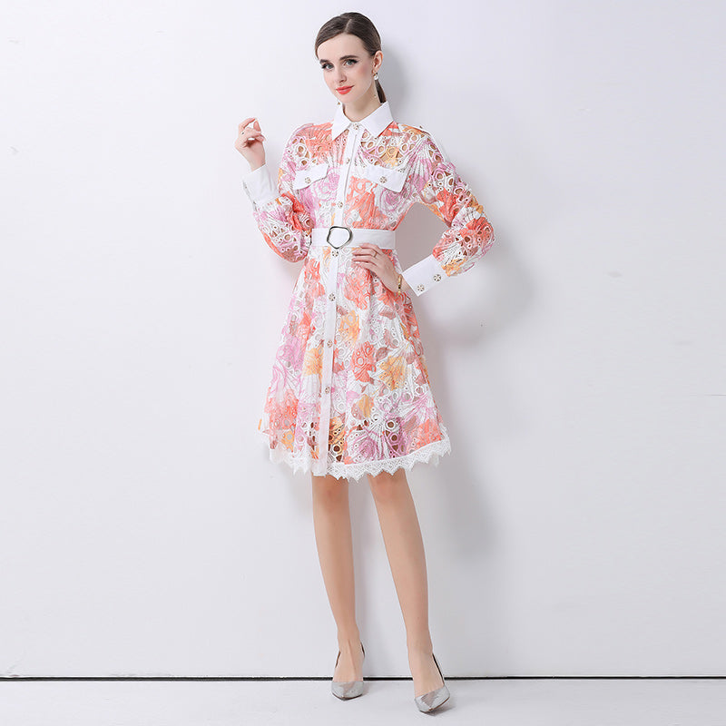 CM-DY062529 Women Elegant European Style Hollow Out Embroidered Collar Neckline Long Sleeve Mid-Length Dress