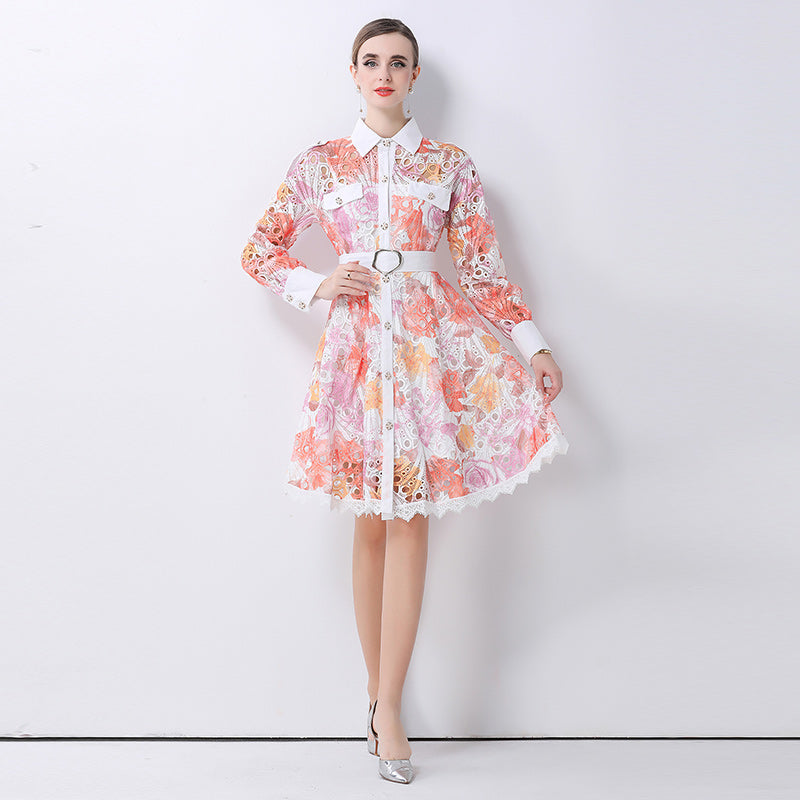 CM-DY062529 Women Elegant European Style Hollow Out Embroidered Collar Neckline Long Sleeve Mid-Length Dress