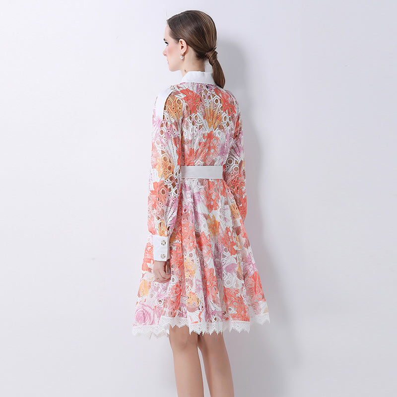 CM-DY062529 Women Elegant European Style Hollow Out Embroidered Collar Neckline Long Sleeve Mid-Length Dress