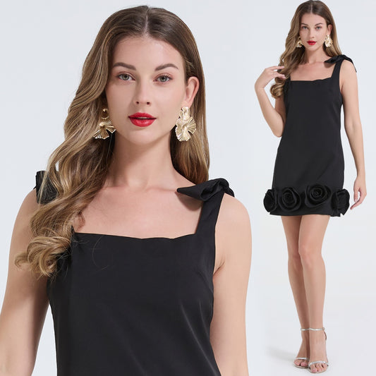 CM-DY062593 Women Elegant European Style Shoulder Strap Sleeveless Rose Decoration Short Dress - Black