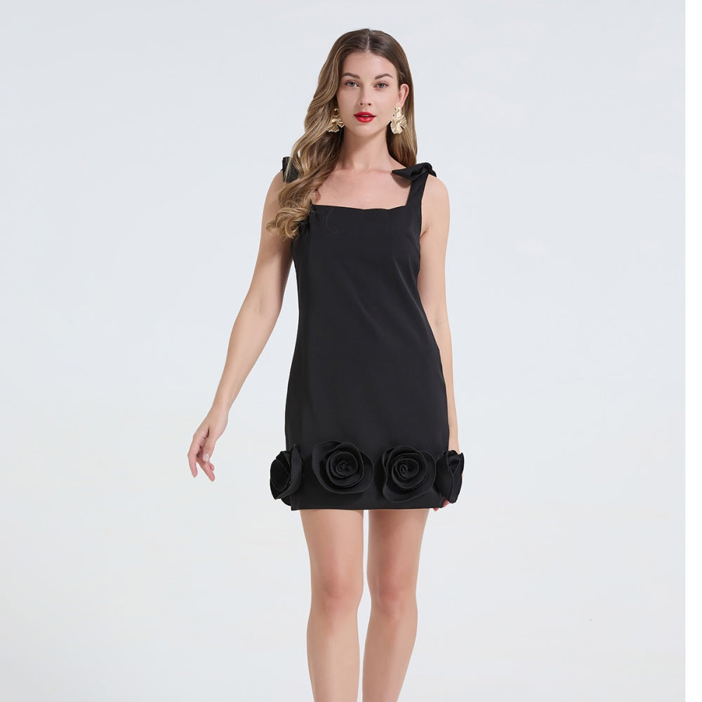 CM-DY062593 Women Elegant European Style Shoulder Strap Sleeveless Rose Decoration Short Dress - Black