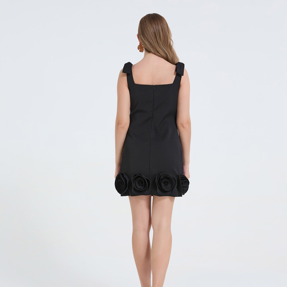 CM-DY062593 Women Elegant European Style Shoulder Strap Sleeveless Rose Decoration Short Dress - Black