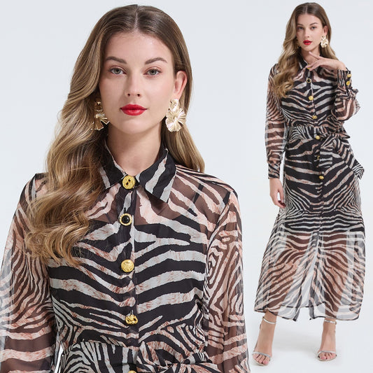 CM-DY062594 Women Elegant European Style Leopard Print Collar Neckline Pinched Waist Metal Buckles Dress Shirt