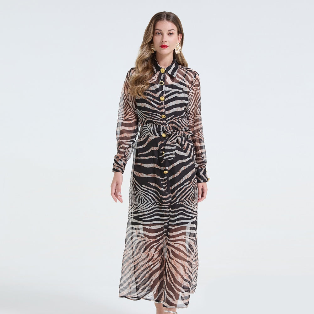 CM-DY062594 Women Elegant European Style Leopard Print Collar Neckline Pinched Waist Metal Buckles Dress Shirt