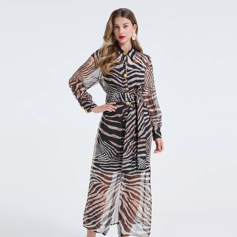 CM-DY062594 Women Elegant European Style Leopard Print Collar Neckline Pinched Waist Metal Buckles Dress Shirt