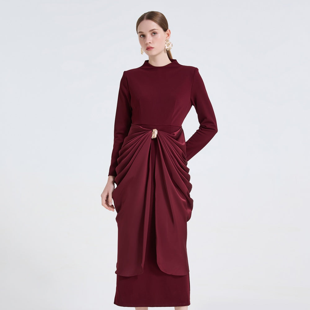 CM-DY062600 Women Elegant European Style Round Neck Long Sleeve Slim Metal Buckles Decor Midi Dress (Available in 2 colors)