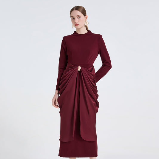 CM-DY062600 Women Elegant European Style Round Neck Long Sleeve Slim Metal Buckles Decor Midi Dress (Available in 2 colors)