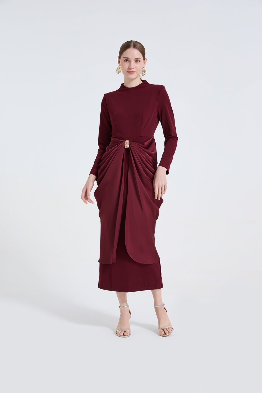 CM-DY062600 Women Elegant European Style Round Neck Long Sleeve Slim Metal Buckles Decor Midi Dress (Available in 2 colors)