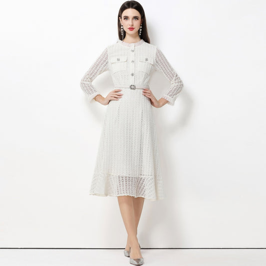 CM-DY062782 Women Elegant European Style Stand Collar Long Sleeve Lace Midi Dress With Belt - White