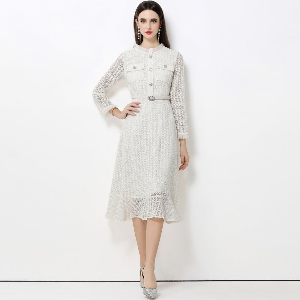 CM-DY062782 Women Elegant European Style Stand Collar Long Sleeve Lace Midi Dress With Belt - White