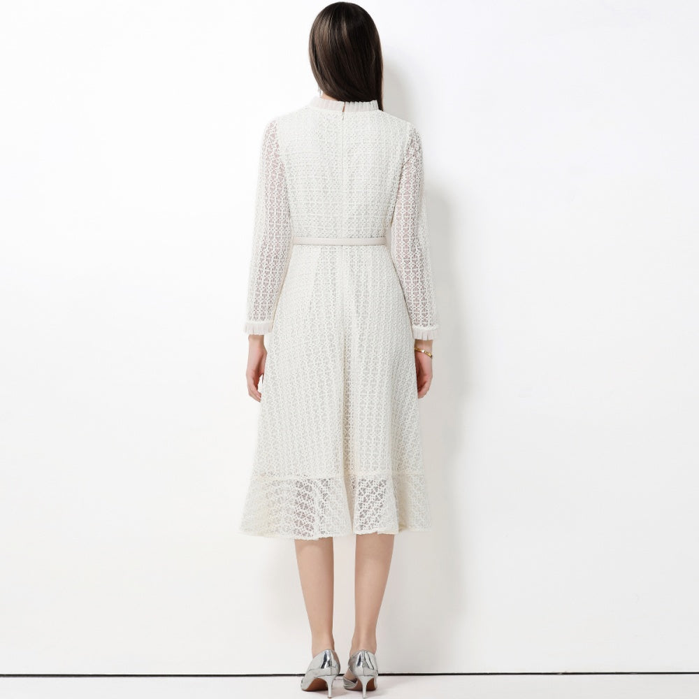 CM-DY062782 Women Elegant European Style Stand Collar Long Sleeve Lace Midi Dress With Belt - White