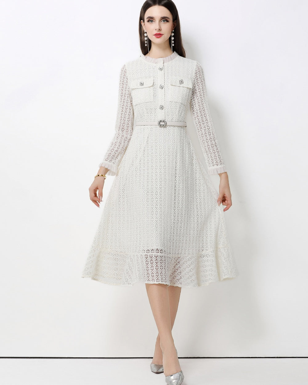 CM-DY062782 Women Elegant European Style Stand Collar Long Sleeve Lace Midi Dress With Belt - White