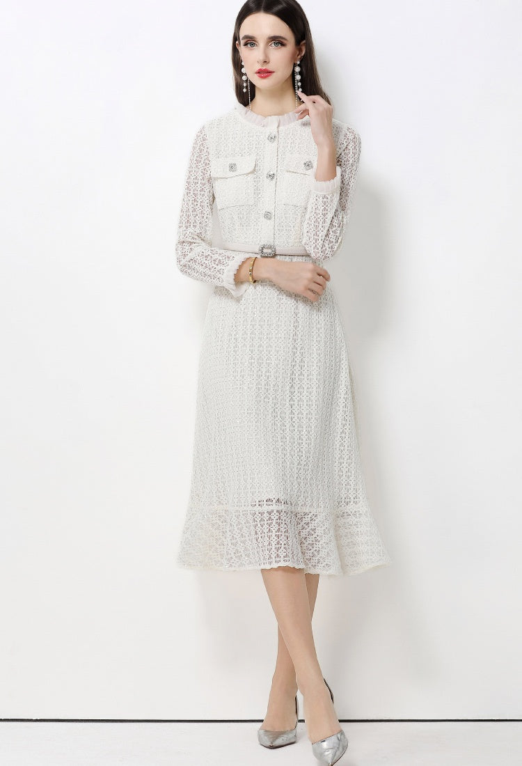 CM-DY062782 Women Elegant European Style Stand Collar Long Sleeve Lace Midi Dress With Belt - White