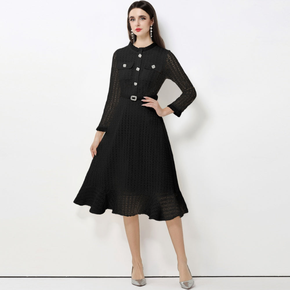 CM-DY062783 Women Elegant European Style Stand Collar Long Sleeve Lace Midi Dress With Belt - Black
