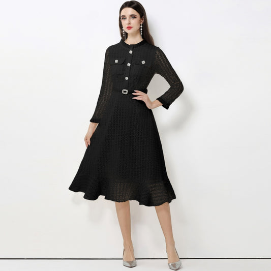 CM-DY062783 Women Elegant European Style Stand Collar Long Sleeve Lace Midi Dress With Belt - Black