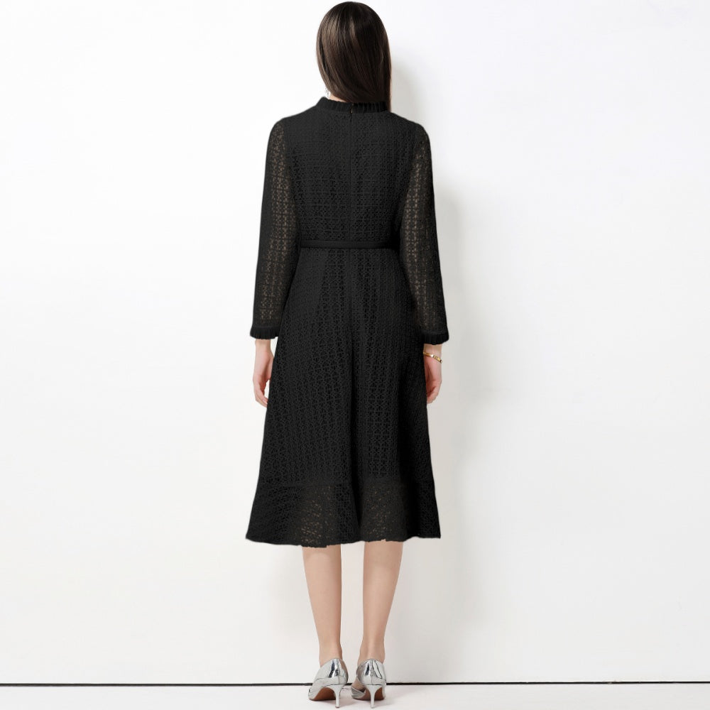 CM-DY062783 Women Elegant European Style Stand Collar Long Sleeve Lace Midi Dress With Belt - Black