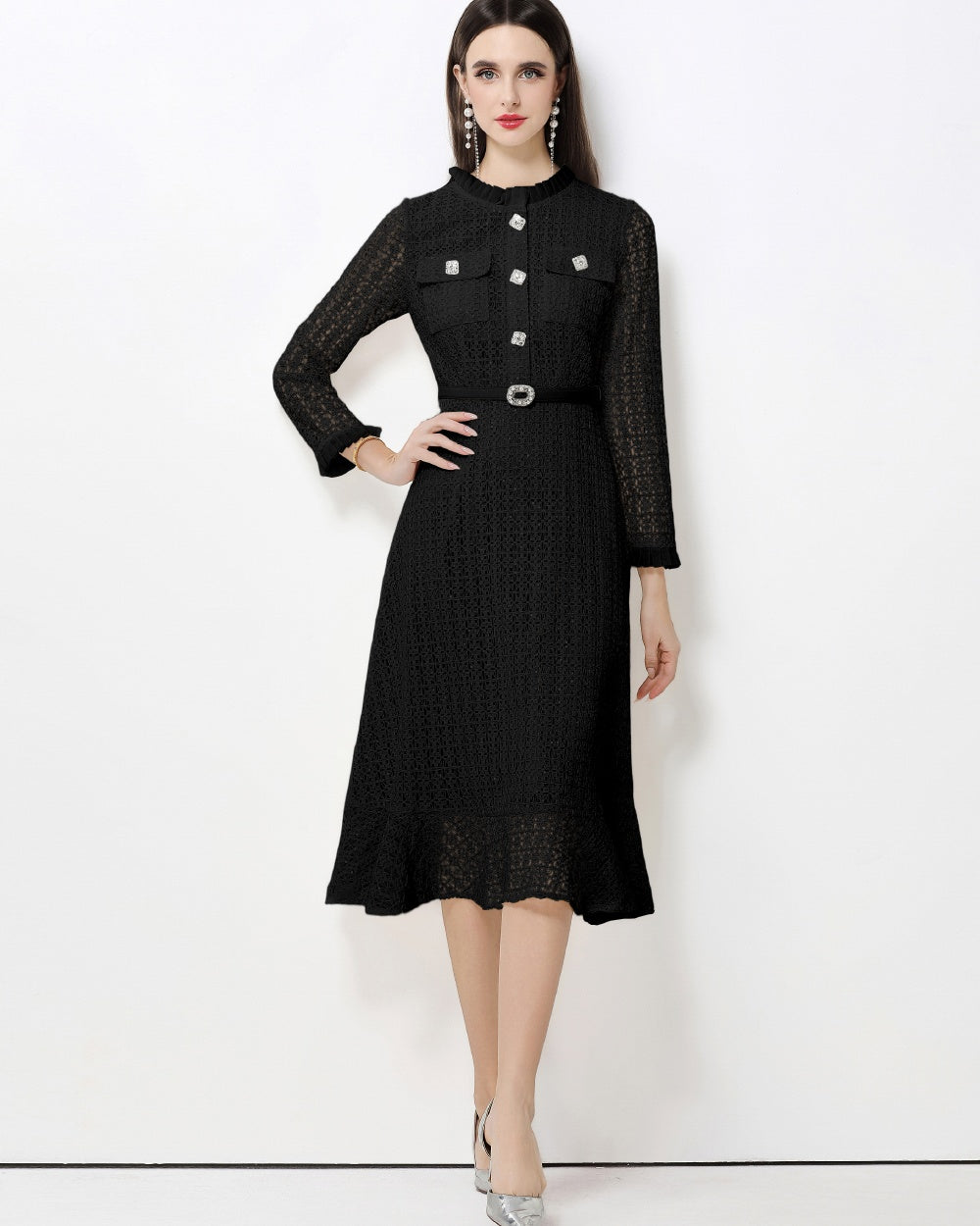 CM-DY062783 Women Elegant European Style Stand Collar Long Sleeve Lace Midi Dress With Belt - Black