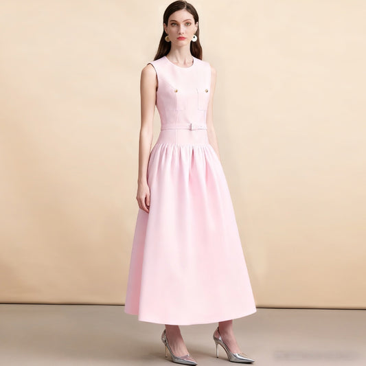 CM-DY062784 Women Elegant European Style Round Neck Sleeveless Mid Length Dress With Belt - Pink