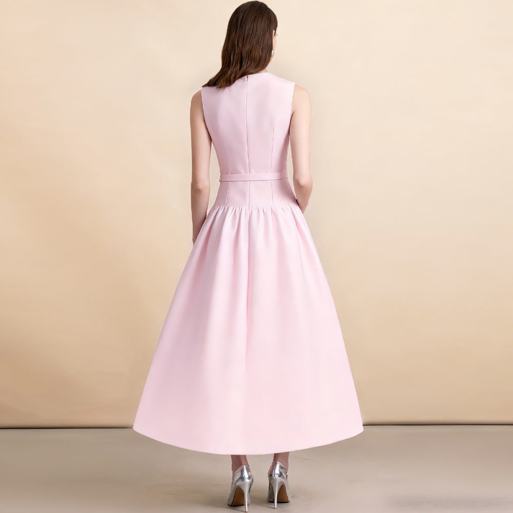 CM-DY062784 Women Elegant European Style Round Neck Sleeveless Mid Length Dress With Belt - Pink