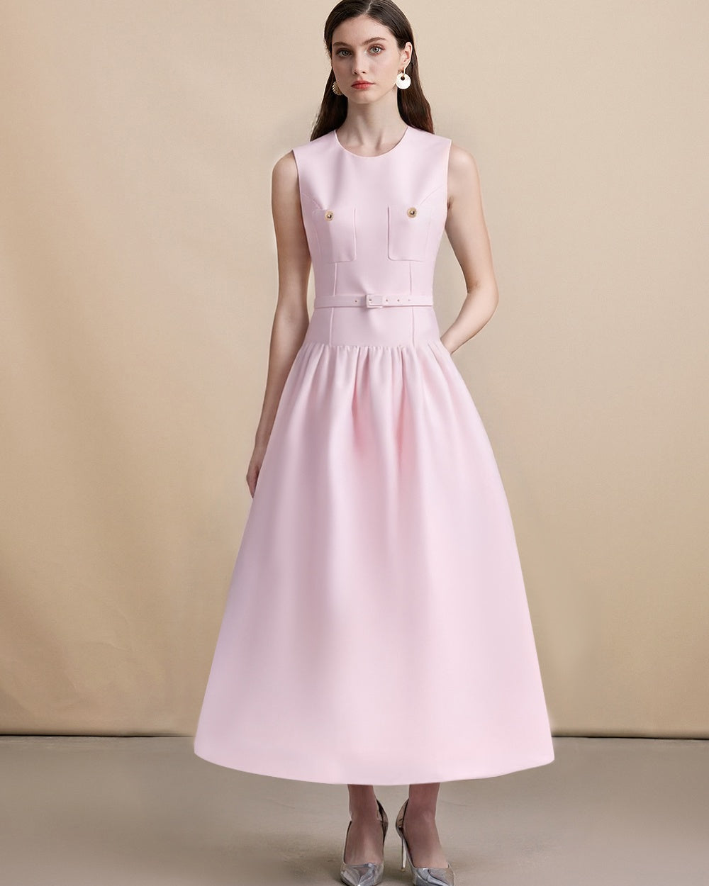 CM-DY062784 Women Elegant European Style Round Neck Sleeveless Mid Length Dress With Belt - Pink