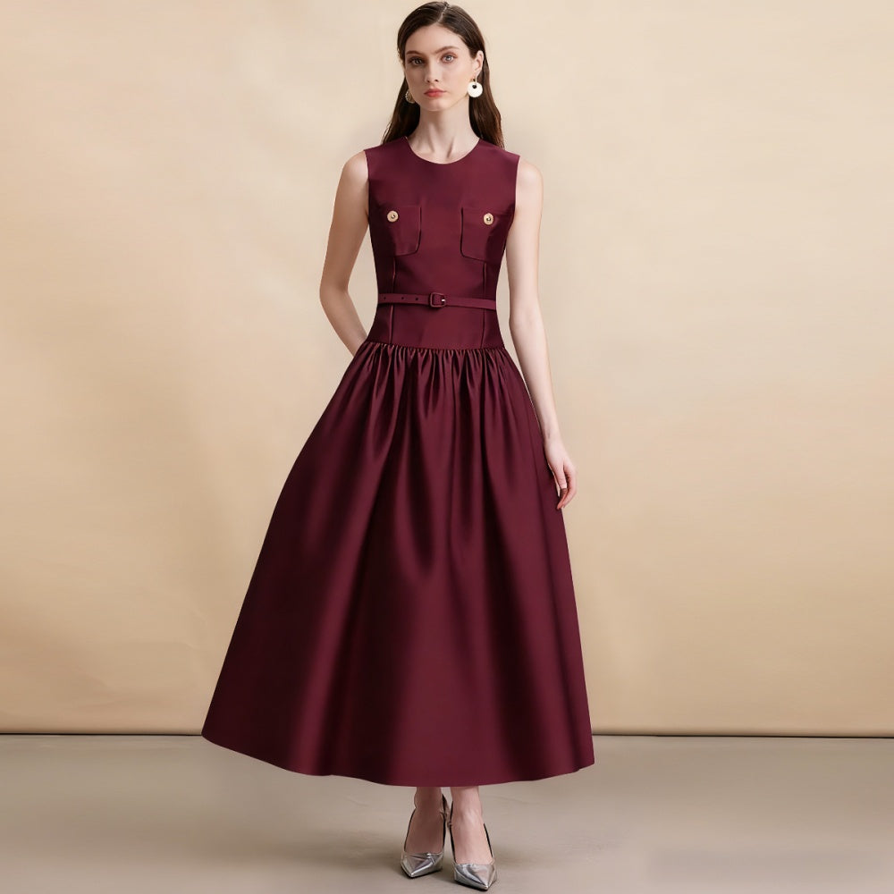 CM-DY062785 Women Elegant European Style Round Neck Sleeveless Mid Length Dress With Belt - Wine Red