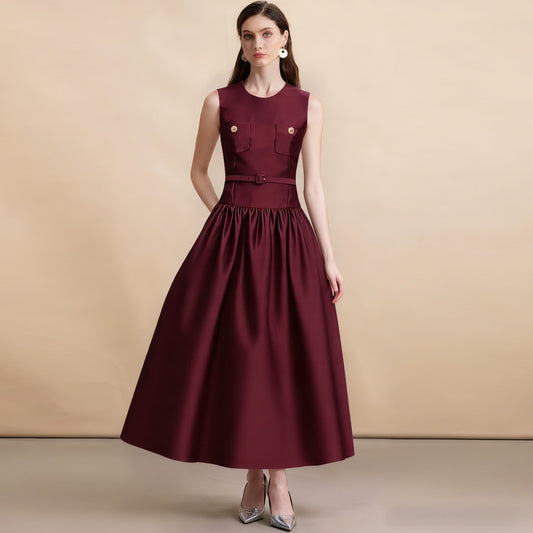CM-DY062785 Women Elegant European Style Round Neck Sleeveless Mid Length Dress With Belt - Wine Red