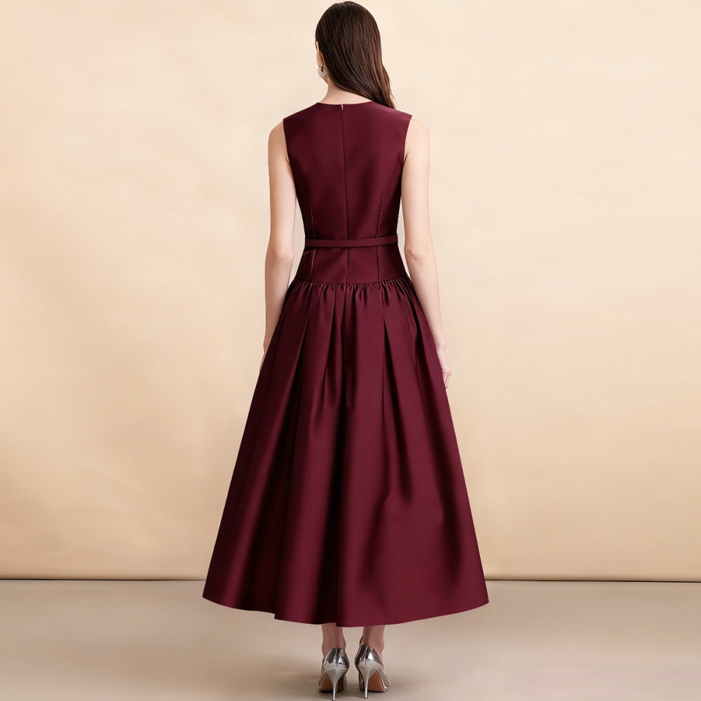 CM-DY062785 Women Elegant European Style Round Neck Sleeveless Mid Length Dress With Belt - Wine Red