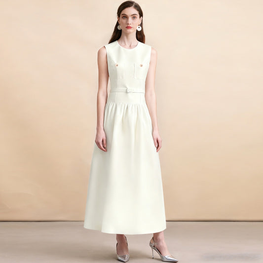 CM-DY062786 Women Elegant European Style Round Neck Sleeveless Mid Length Dress With Belt - Apricot