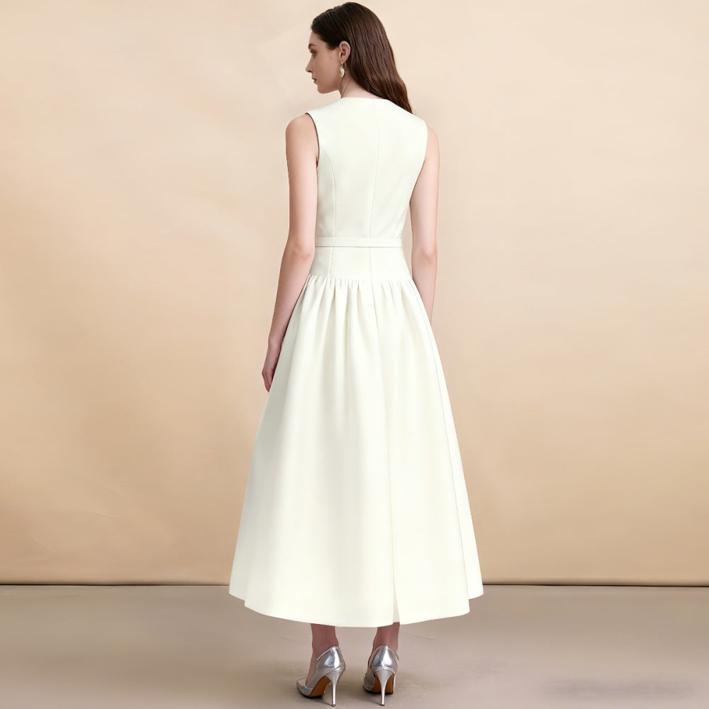 CM-DY062786 Women Elegant European Style Round Neck Sleeveless Mid Length Dress With Belt - Apricot