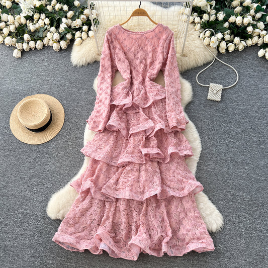 CM-DY062837 Women Elegant European Style Round Neck Long Sleeve Pinched Waist Maxi Dress (Available in 4 colors)