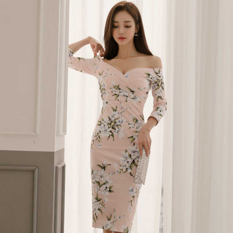 CM-DY063466 Women Elegant European Style Off The Shoulder 3/4 Sleeve Floral Print Pencil Midi Dress