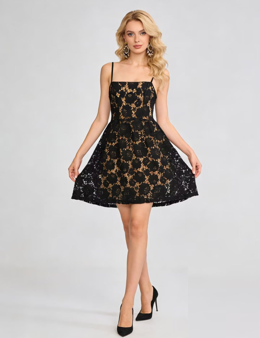 CM-DY063889 Women Elegant European Style Square Collar Sleeveless Pinched Waist Lace Short Dress (Available in 4 colors)